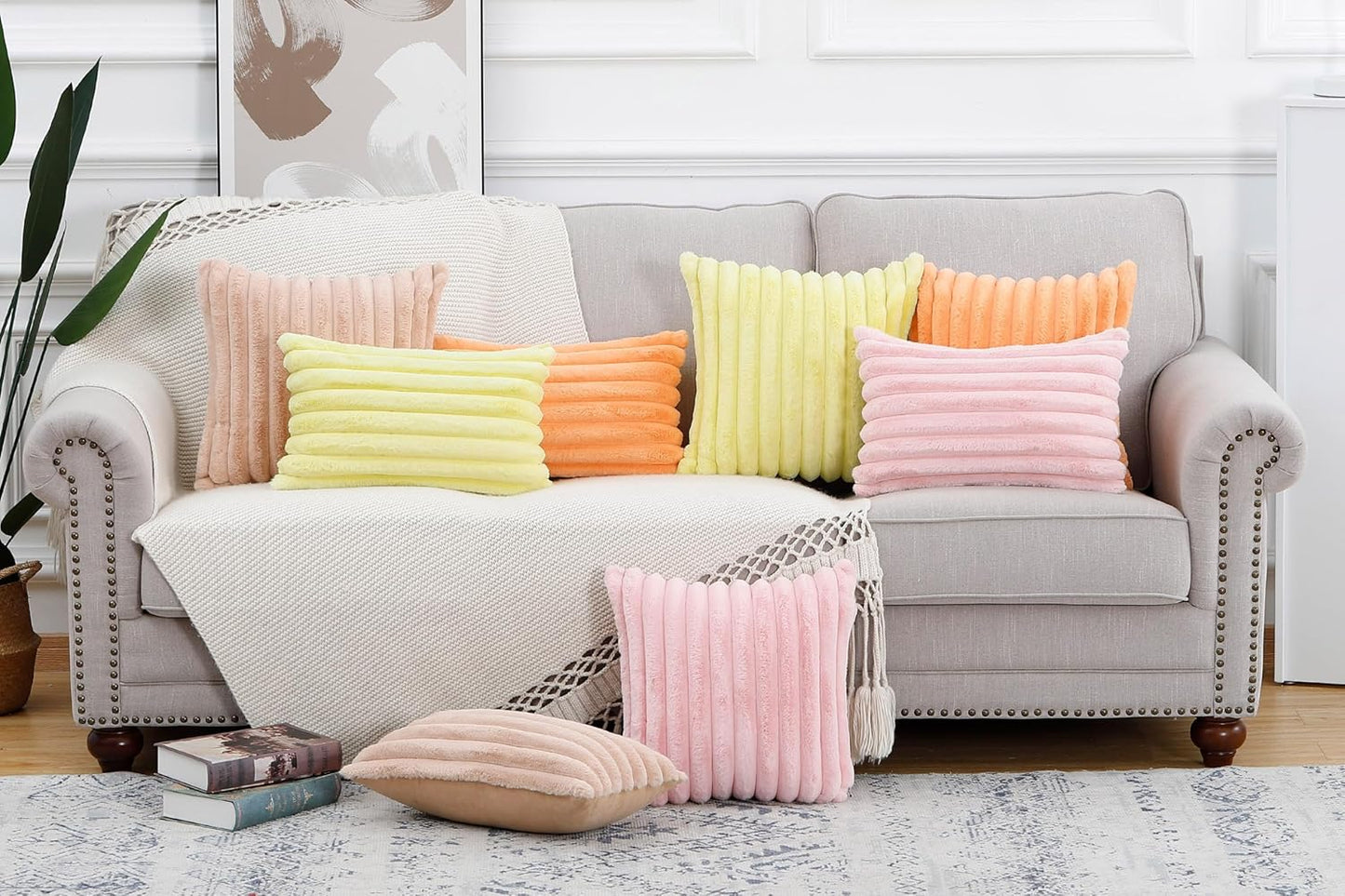 MADIZZ Set of 2 Faux Wool Plush Decorative Throw Pillow Covers 16x16 Inch Yellow Fluffy Striped Soft Decorative Cushion Cover for Sofa Bedroom Pillow Shell