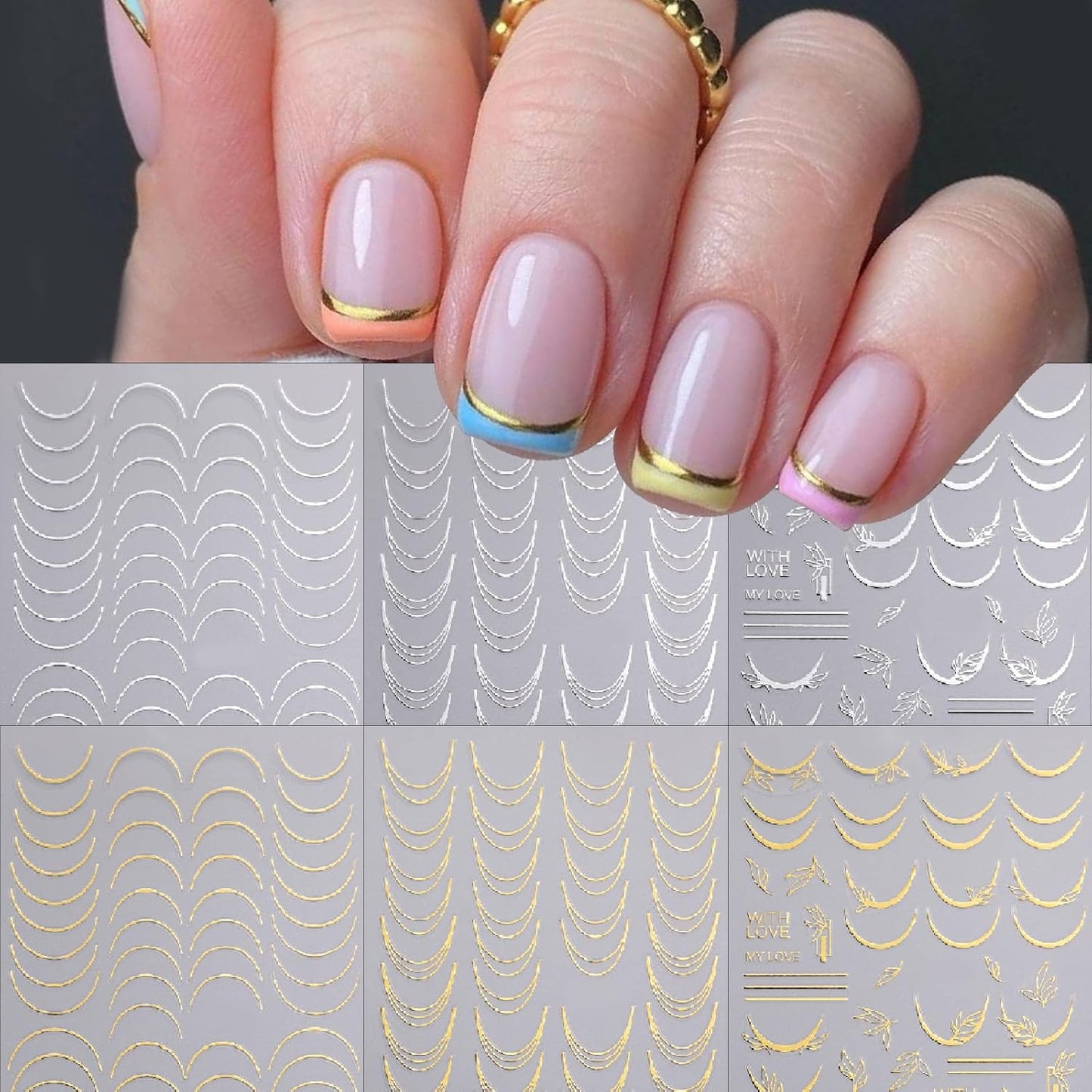 6 Sheets Lines French Tip Nail Art Stickers Gold Silver French Line Nail Decals 3D self-Adhesion Curve Lines Design French Nail Art Supplies for Women DIY Manicure Decoration