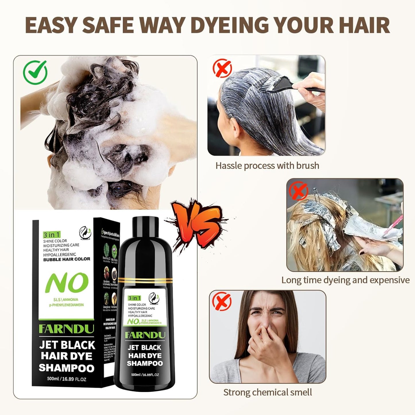 Jet Black Hair Dye Shampoo Ammonia-free & PPD-free, Natural Herbal Ingredients 3 in 1 Hair Color Shampoo for Women Men Gray Hair Coverage