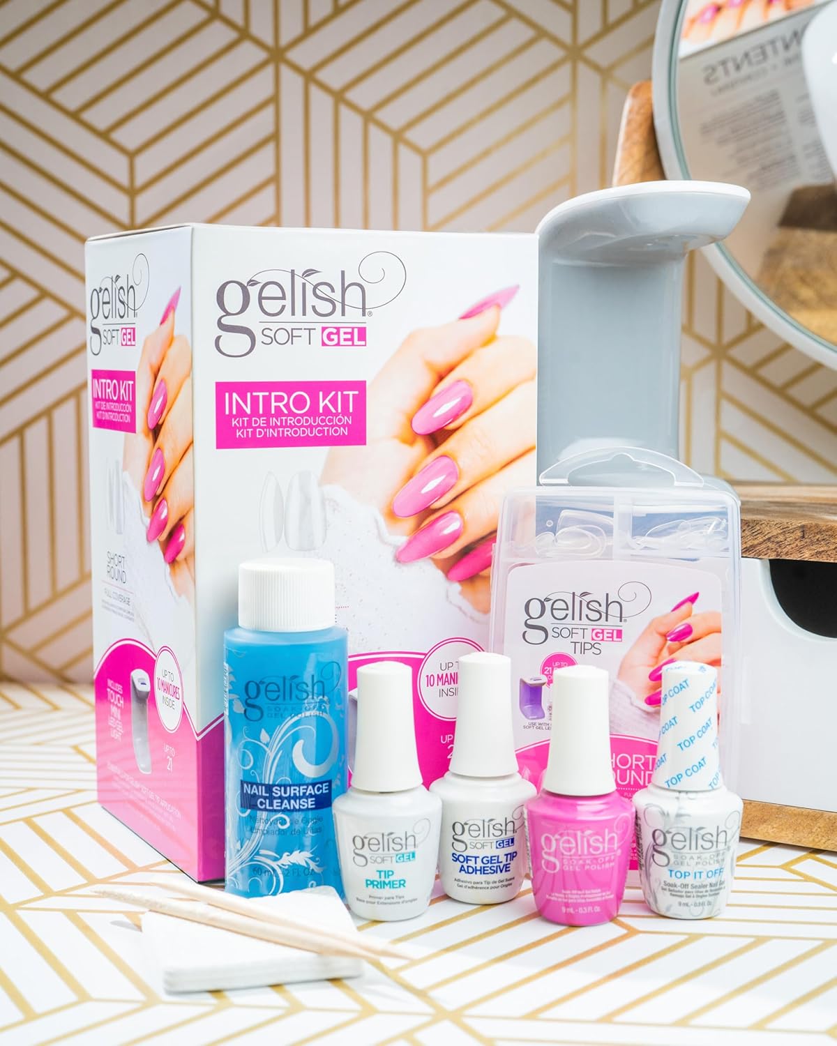 Gelish Soft Gel™ Intro Starter Kit – Full Coverage Press On Tips, LED Nail Lamp, Long-Lasting, Fast Application, No Chip, At-Home Gel Nails, Easy to Use (Short Round Kit)
