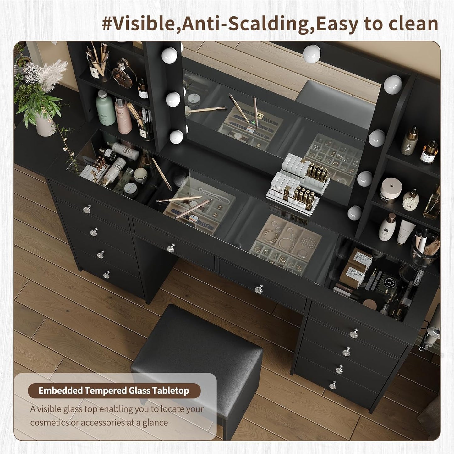 Vanity with Power Outlet, Vanity Desk with Mirror and 10 LED Lights, 10 Drawers Makeup Vanity with 6 Shelves, Fold-up Panel, Dressing Table for Bedroom, Black