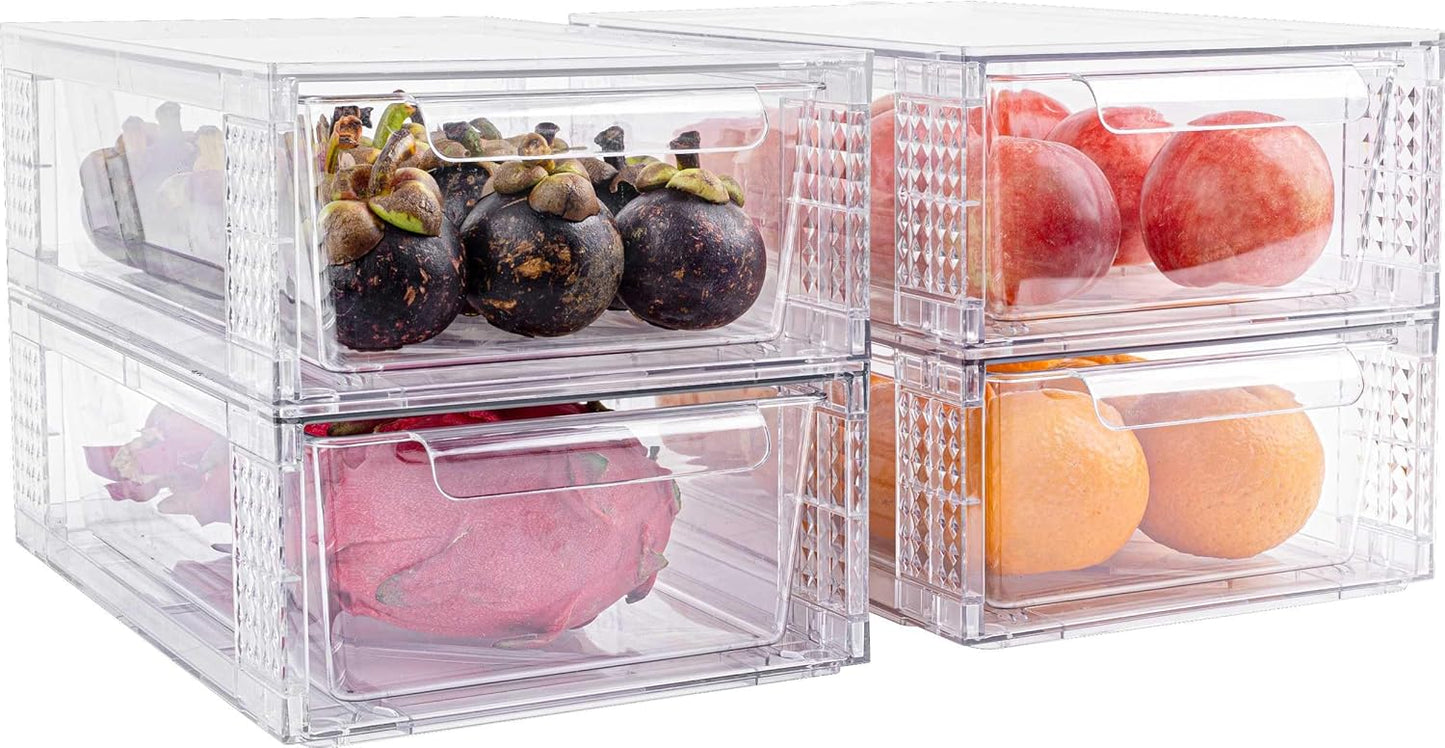 Clear Stackable Storage Drawers, 3.95” Height, 4-Pack Acrylic Organizer for Bathroom & Cabinet Use