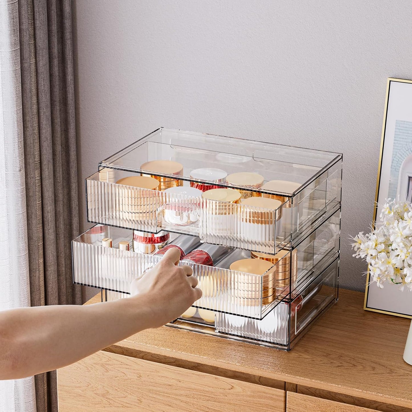 3 Piece Clear Stackable Acrylic Drawer Organizer Set for Vanity Bathroom Cabinet Storage