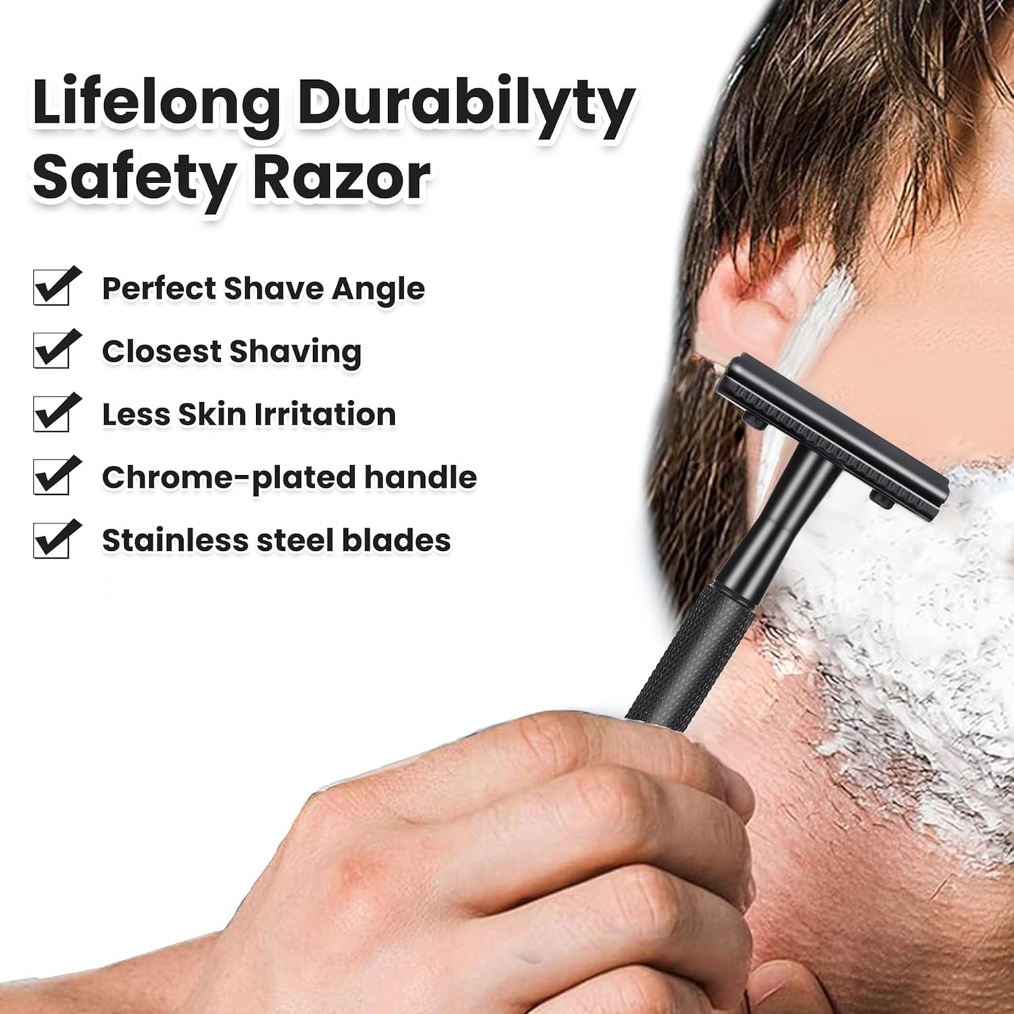 Double Edge Safety Razor With 10 Premium Stainless Steel Blade Reusable Safety Razors For Men Shaving Razor, Smooth Wet Shave Experience, Gun Black