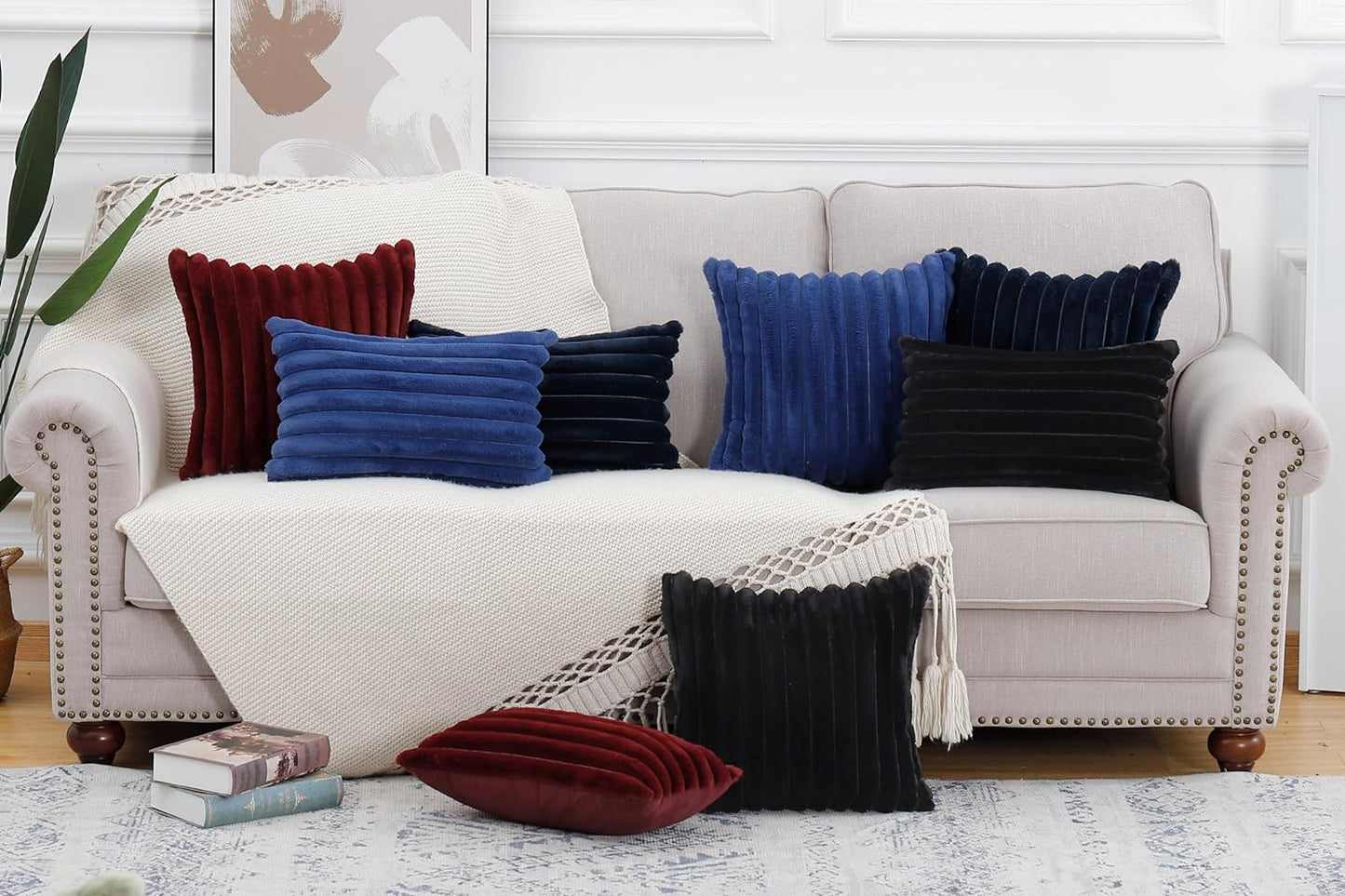 MADIZZ Set of 2 Faux Wool Plush Decorative Throw Pillow Covers 26x26 Inch Burgundy Fluffy Striped Soft Decorative Cushion Cover for Sofa Bedroom Pillow Shell