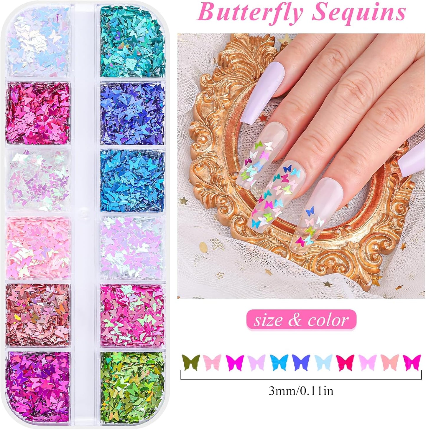 5 Boxes 60 Colors Holographic Nail Art Sequins Kit, Iridescent Sparkle Laser Hollow 3D Star Butterfly Heart Round Mixed-shapes Nail Glitter Flakes for Manicure Body Makeup Craft DIY (1-colorful-kit1)