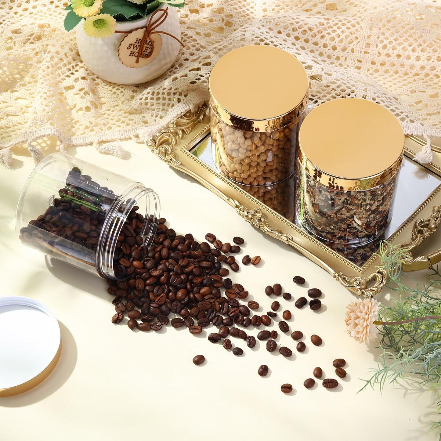 SATINIOR 24 Pieces Empty Clear Plastic Jars with Lids Round Storage Containers Wide Mouth for Beauty Product Cosmetic Cream Lotion Liquid Butter Craft and Food(Gold Lid,16 oz)