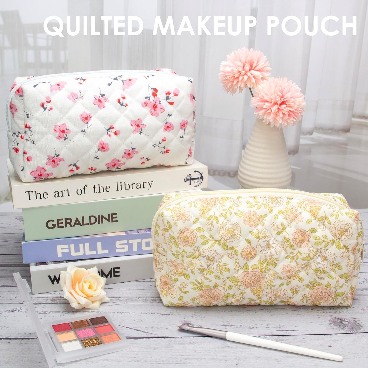PAZIMIIK Vintage Quilted Makeup Bag Cosmetic Pouch for Brushes Pencils and Travel Make Up Accessories for Women and Girls Rose Beige