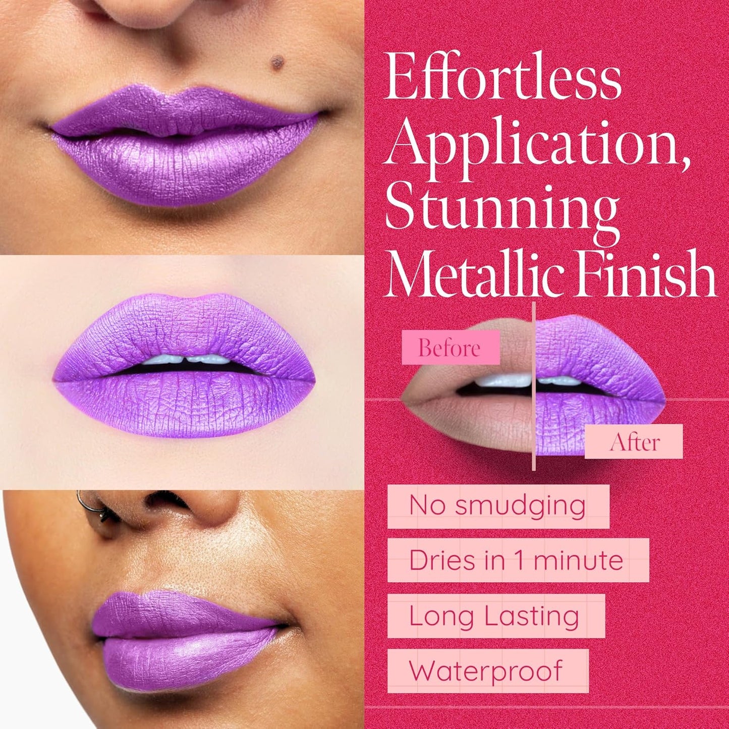 Aromi Metallic Liquid Lipstick for Women | Bright Purple Lilac Lip Color with Shimmery Finish, Vegan, Long-Lasting (Purple Unicorn)