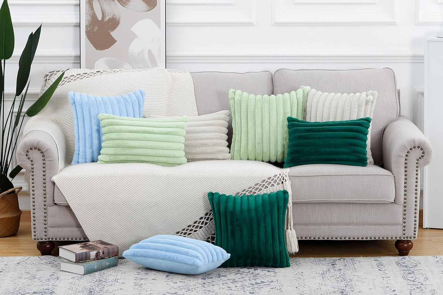 MADIZZ Set of 2 Faux Wool Plush Decorative Throw Pillow Covers 16x16 Inch Light Green Fluffy Striped Soft Decorative Cushion Cover for Sofa Bedroom Pillow Shell