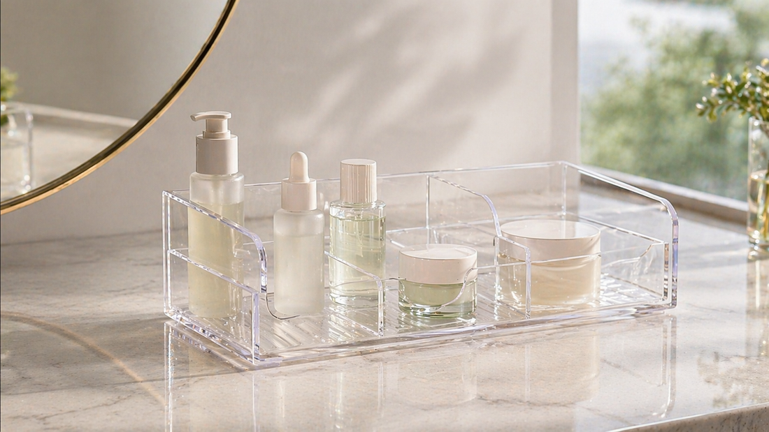 Structured skincare organizer allowing easy seasonal product rotation.