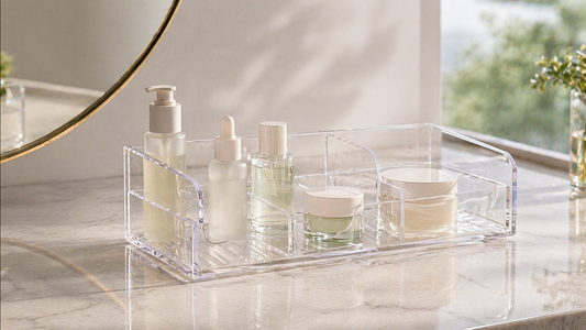 Structured skincare organizer allowing easy seasonal product rotation.