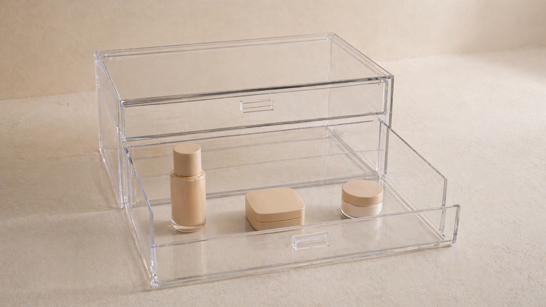Acrylic drawer with stable spacing and fixed item positions maintaining consistent layout and reducing daily adjustment.