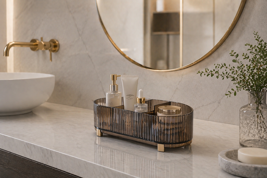 small vanity setup with ribbed acrylic organizer holding 4 items arranged in separated zones for efficient daily routines on a marble bathroom surface