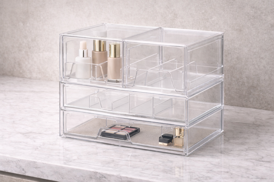 Adjustable acrylic drawer organizer with dividers for expanding makeup collections.