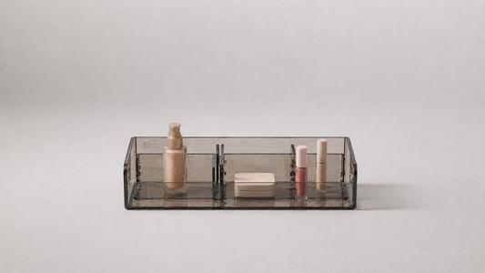 Adjustable makeup organizer with flexible compartments.
