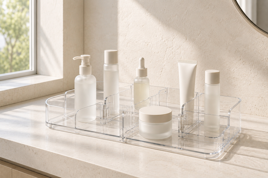Adjustable skincare organizer with flexible storage compartments.