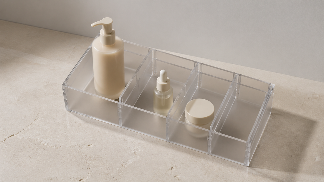 Adjustable organizer holding skincare items.