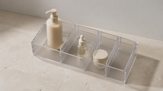 Adjustable organizer holding skincare items.