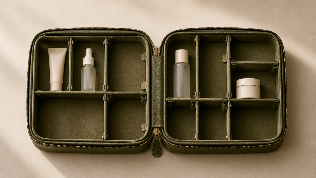 Adjustable travel beauty organizer with flexible compartments and adjustable dividers