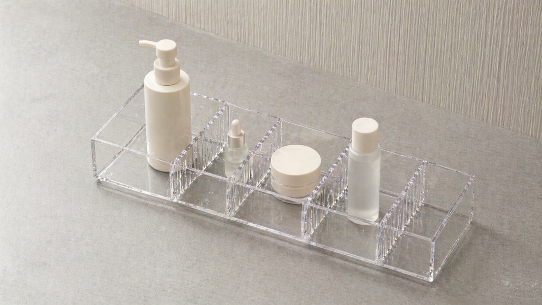Adjustable vanity organizer with flexible compartments and spacing control.