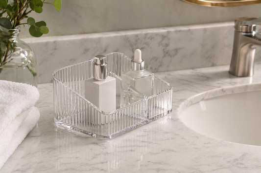 Compact bathroom organizer maximizing space on a small counter.