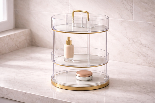 Bathroom setup for efficient routines and faster mornings featuring a three-tiered clear acrylic organizer with gold trim on a marble surface