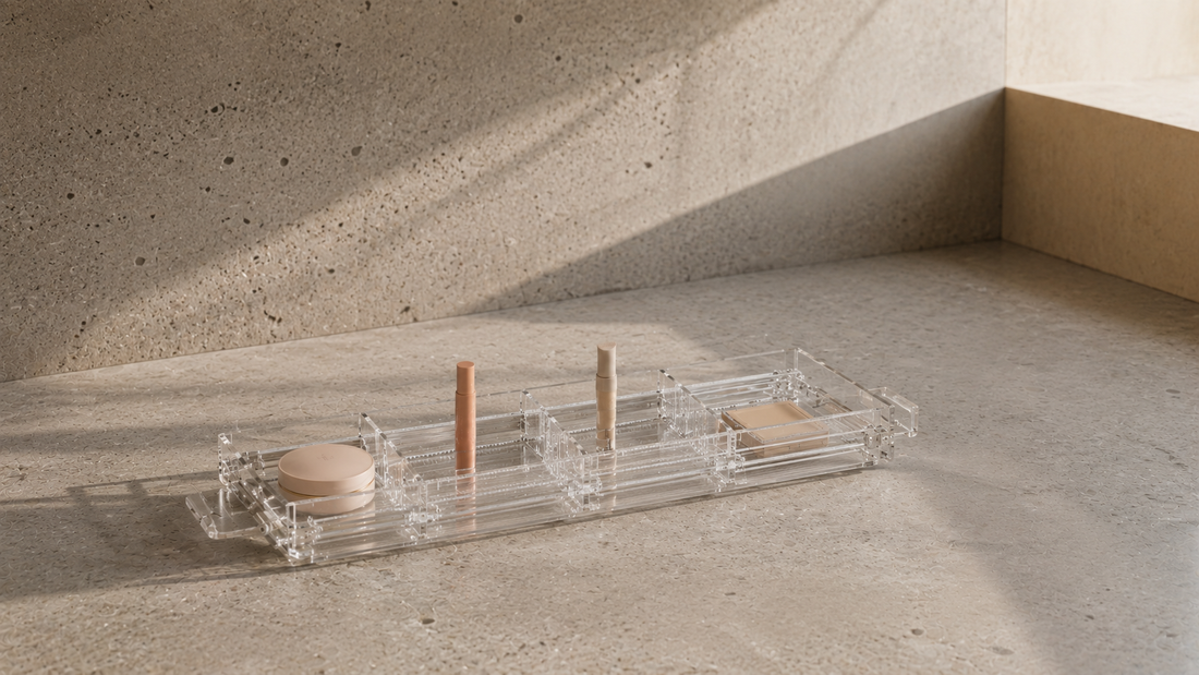 Flexible makeup organizer with adjustable compartments for daily vanity organization.