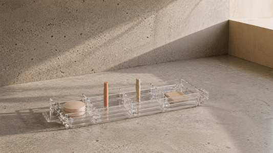 Flexible makeup organizer with adjustable compartments for daily vanity organization.
