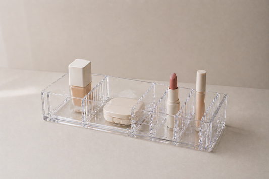 Adjustable makeup organizer with flexible compartments.