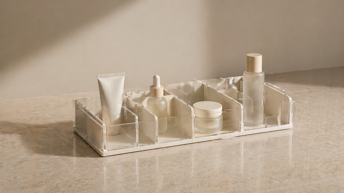 Adjustable skincare organizer with flexible compartments and spaced layout.