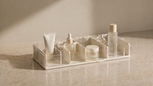 Adjustable skincare organizer with flexible compartments and spaced layout.