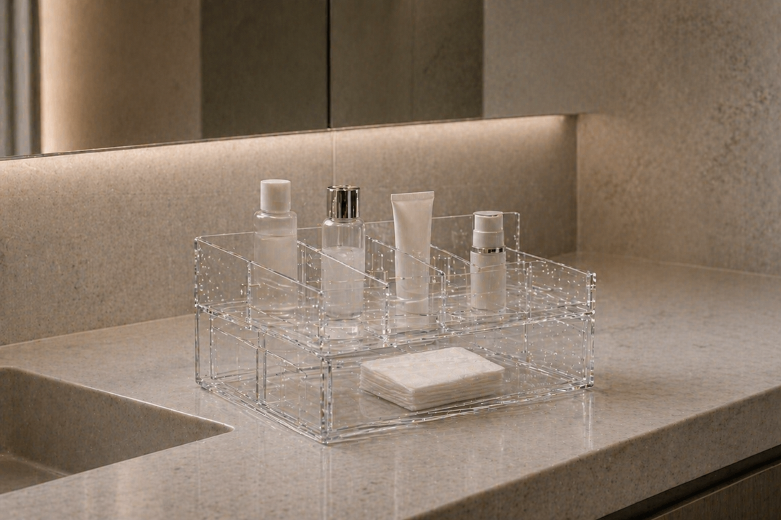 Adjustable vanity organizer for flexible setups with movable compartments and structured spacing.