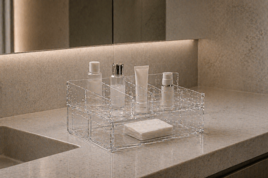 Adjustable vanity organizer for flexible setups with movable compartments and structured spacing.
