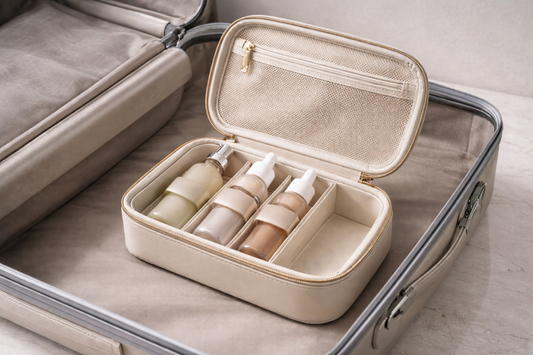 Open travel beauty organizer with three bottles secured in compartments and one empty section showing stable carry-on packing