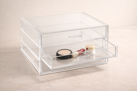  Premium 4-tier acrylic drawer unit with 3 items placed to highlight empty space and structured drawer access.