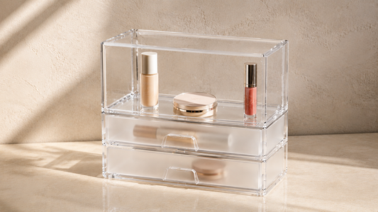 Transparent drawer organizer with separated makeup placement for faster daily access.