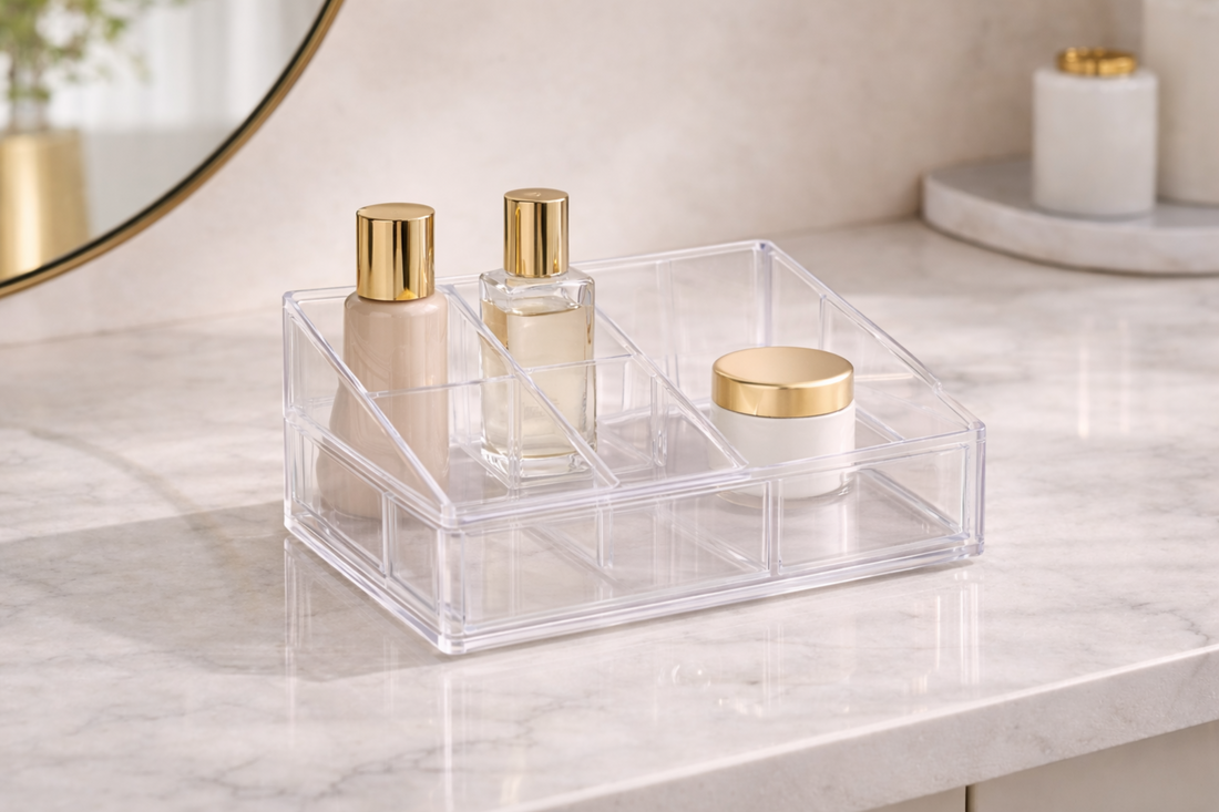 Compact acrylic makeup organizer with minimal items arranged for clear daily access and structured separation.