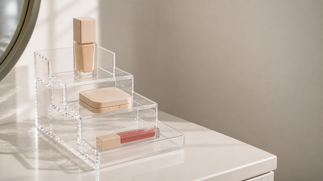 Compact acrylic makeup organizer with three items arranged in step layout for fast daily routine access
