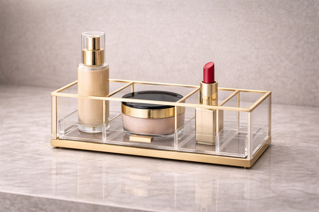 Compact makeup organizer with structured layout for small vanity use.