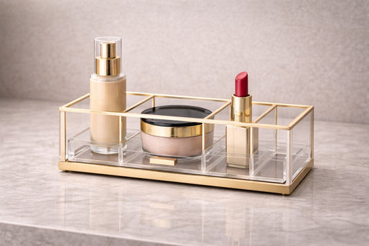 Compact makeup organizer with structured layout for small vanity use.