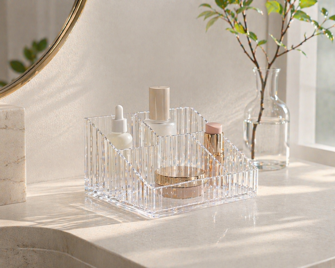 Clear acrylic makeup organizer with 2–4 items arranged in a compact layout to support consistent daily routines.