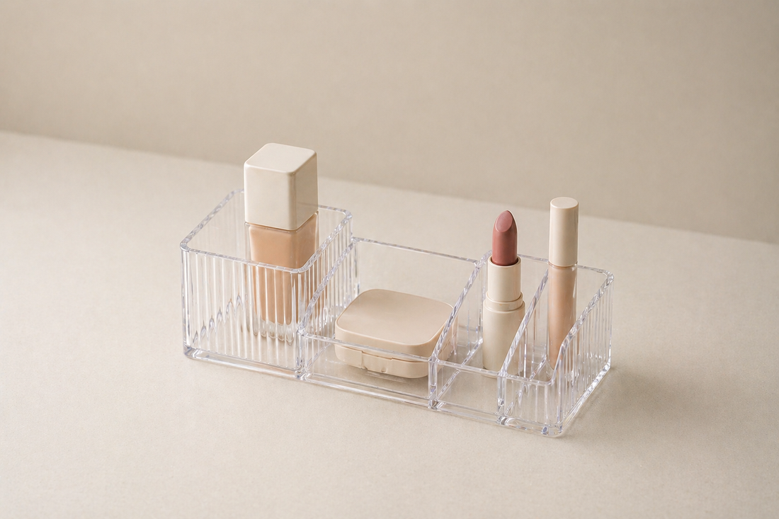 Compact makeup organizer arranged for small vanity use.