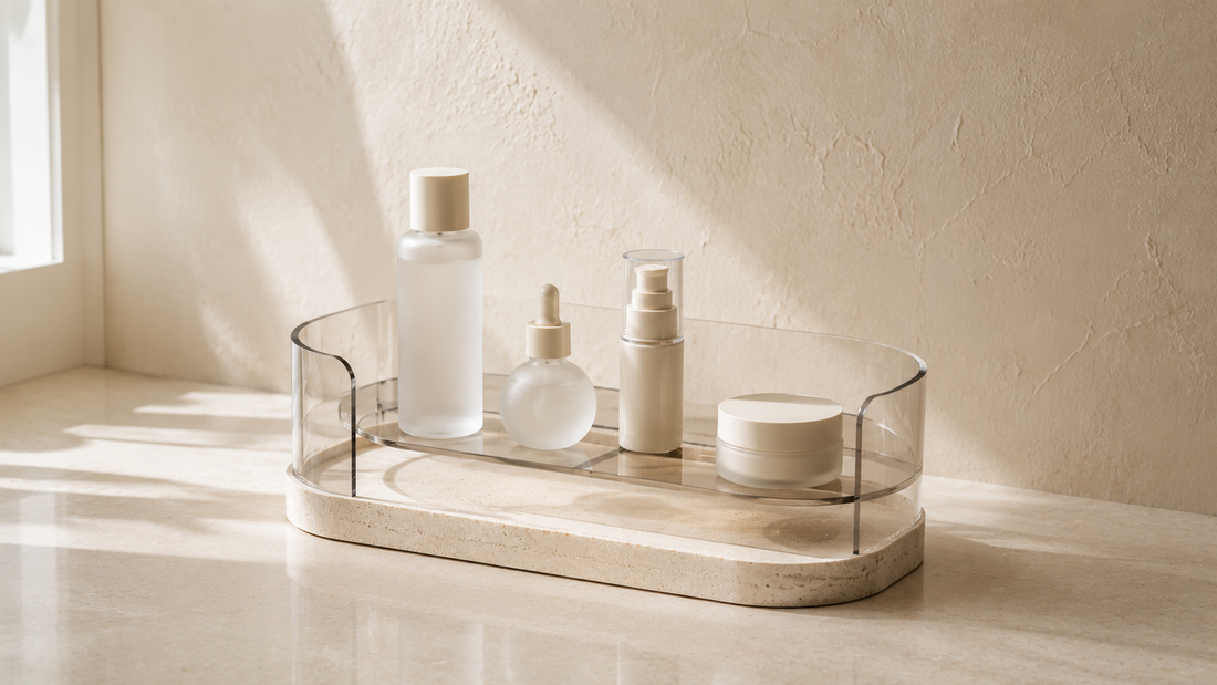 Compact skincare organizer with structured spacing for reducing vanity clutter.