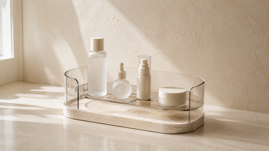 Compact skincare organizer with structured spacing for reducing vanity clutter.