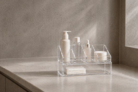 Compact vanity storage for small bathrooms with efficient grouping and space optimization.