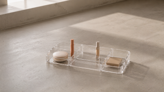 Structured makeup organizer with balanced spacing for daily routines.