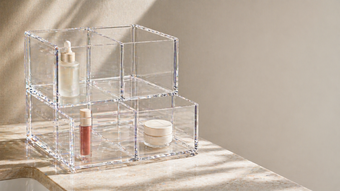 Clear drawer organizer with separated compartments limiting items to maintain controlled capacity