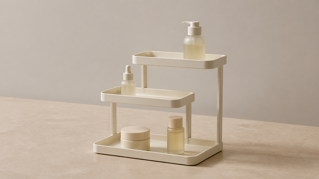 Layered skincare organizer separating products by level.