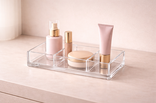 High-end 16:9 horizontal image of a clear acrylic makeup organizer with four essential items neatly separated, showing a structured layout that supports efficient daily makeup routines